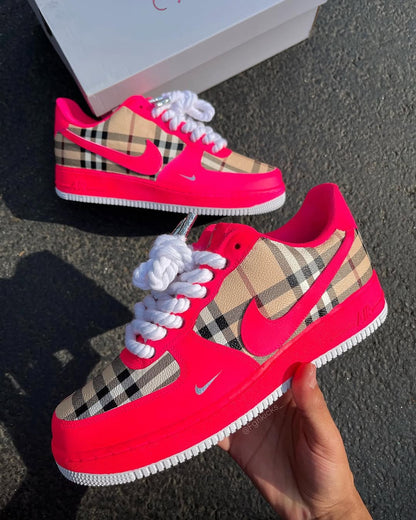 Hand Painted Hot Pink Plaid Custom Air Force 1 Sneakers