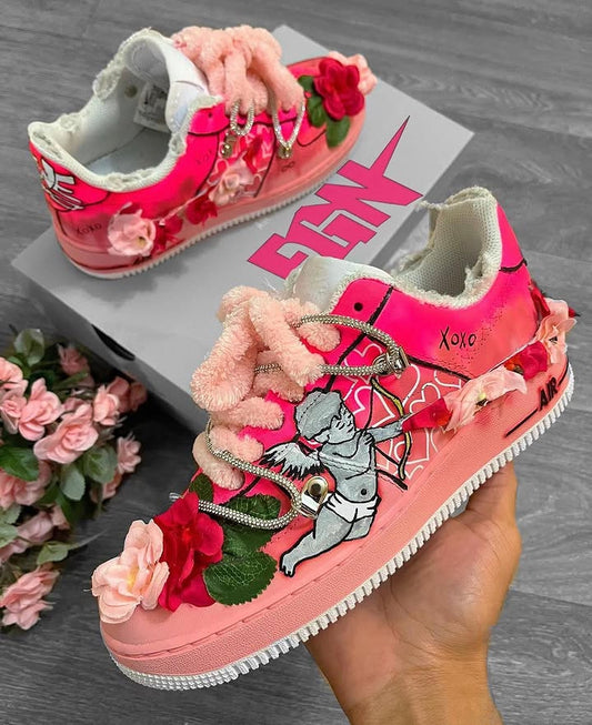 Hand Painted Pink Cupid Floral Custom Air Force 1 Sneakers