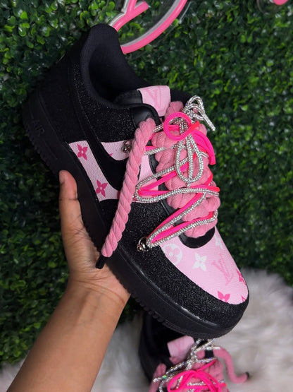 Hand Painted Black Pink Glitter Custom Air Force 1 Sneakers