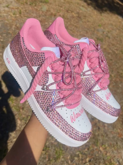 All Custom Hand Painted Pink Rhinestone Air Force 1 Sneakers