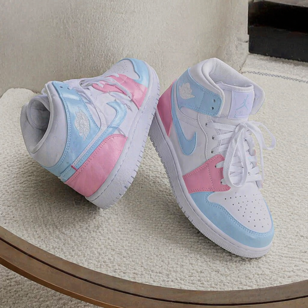 Hand Painted Pink Blue Air Jordan 1 Mid Custom Sneakers