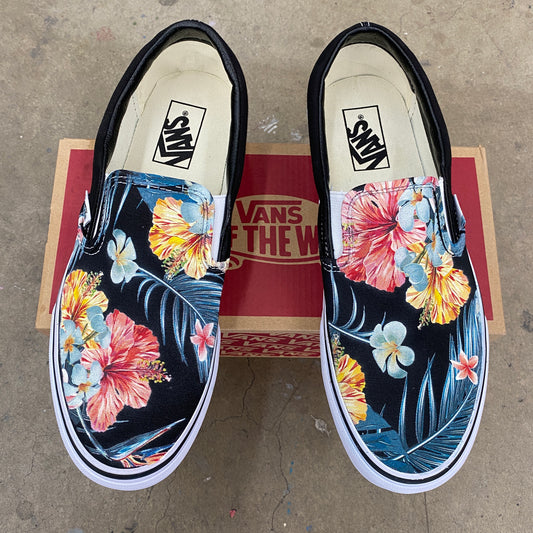 Tropical Hawaiian Pattern Black Slip On Vans Shoes