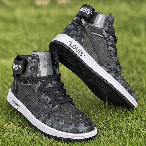 Hand Painted Black Checkered Custom High Top Sneakers