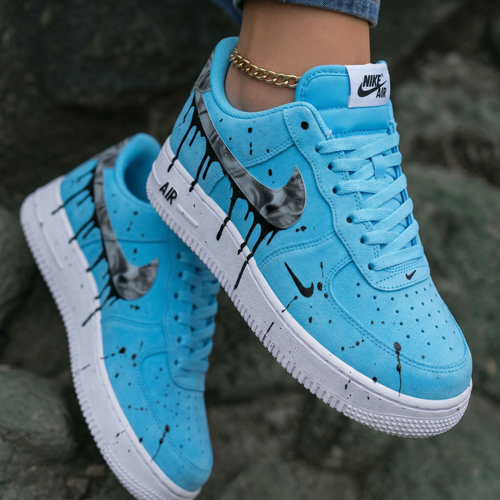 Black Drip Paint Splatter Marble Swoosh Baby Blue Custom Air Force 1