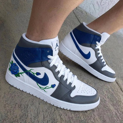 Blue Rose Green Vines Blue Gray Custom Air Jordan 1