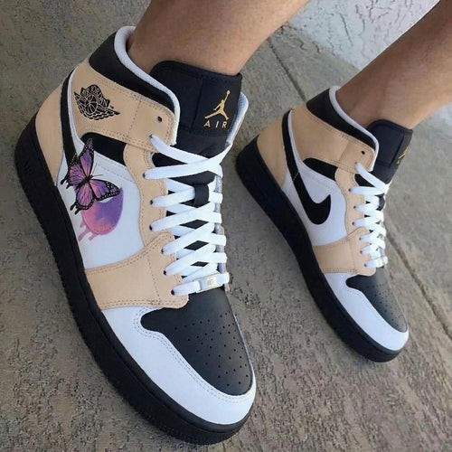 Butterfly Design Beige Black and White Custom Air Jordan 1