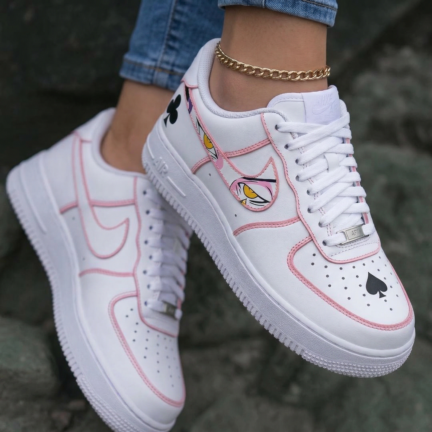 Cartoon Eyes Poker Symbols Baby Pink Black Custom Air Force 1