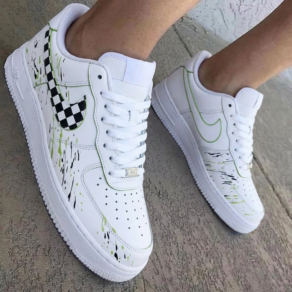 Checkered Swoosh Splatter Black Green Custom Air Force 1