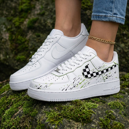 Checkered Swoosh Splatter Black Green Custom Air Force 1