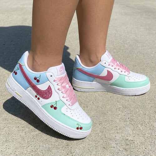 Cherries Glitter Swoosh Baby Blue Mint Green Pink Custom Air Force 1