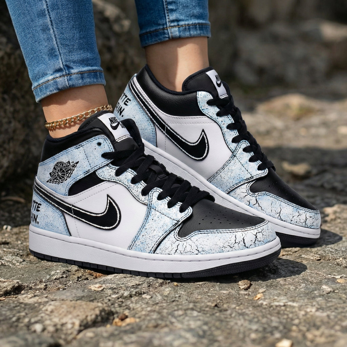 Cracked Pattern Baby Blue Black Custom Air Jordan 1