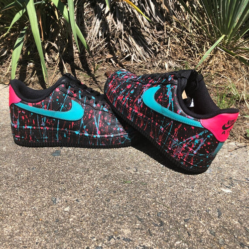 Custom Air Force 1 Black Pink Teal Splatter Pattern