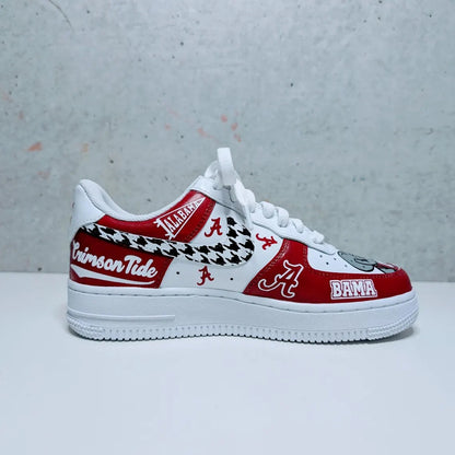 Custom Air Force 1 Red White With Houndstooth And Alabama Graphics