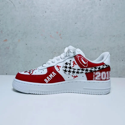Custom Air Force 1 Red White With Houndstooth And Alabama Graphics