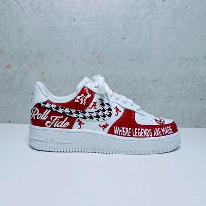 Custom Air Force 1 Red White With Houndstooth And Alabama Graphics