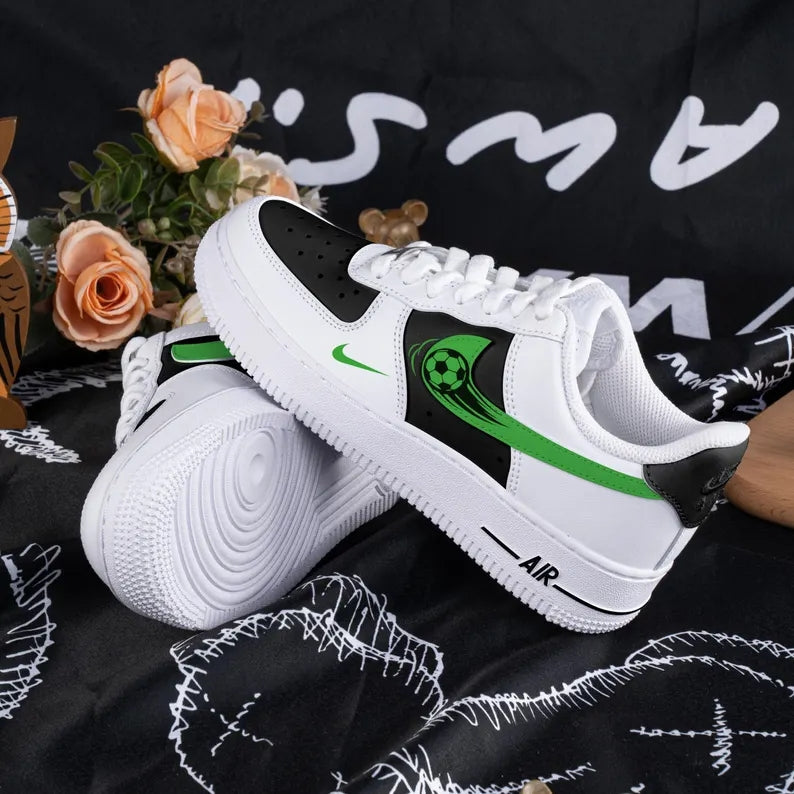 Custom Air Force 1 White Black With Soccer Ball Pattern