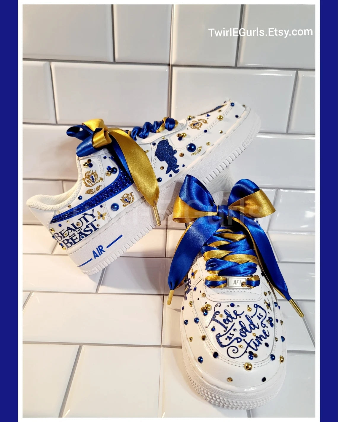 Custom Air Force 1 White Blue Gold with Beauty and the Beast Theme and Rhinestones