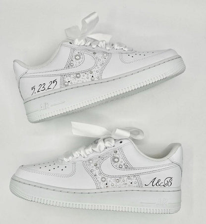 Custom Air Force 1 White With Pearl Embellishments And Ribbon Laces