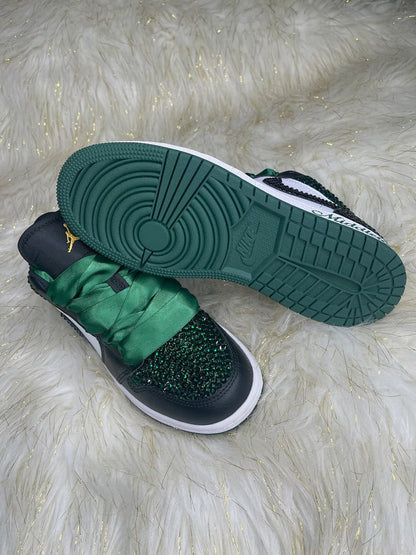Custom Air Jordan 1 Black White Green with Glitter and Satin Laces