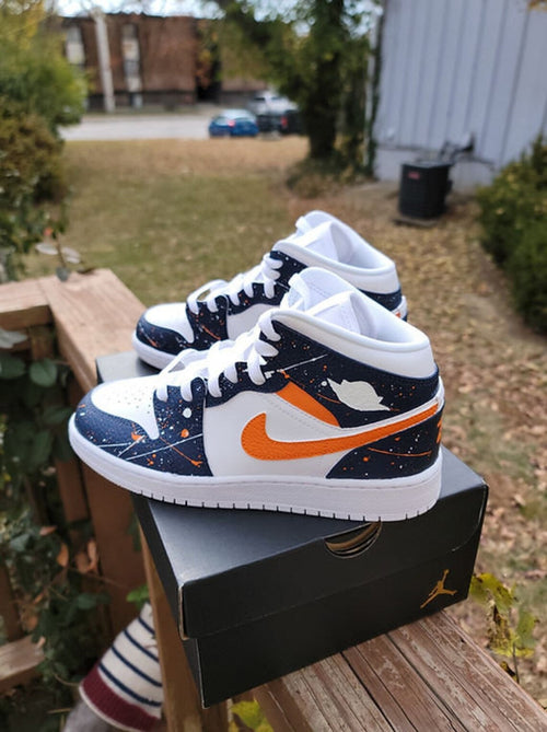 Custom Air Jordan 1 White Navy with Orange Splatter Pattern