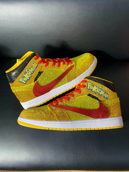 Custom Air Jordan 1 Yellow with Pokemon Logo and Glitter Swoosh