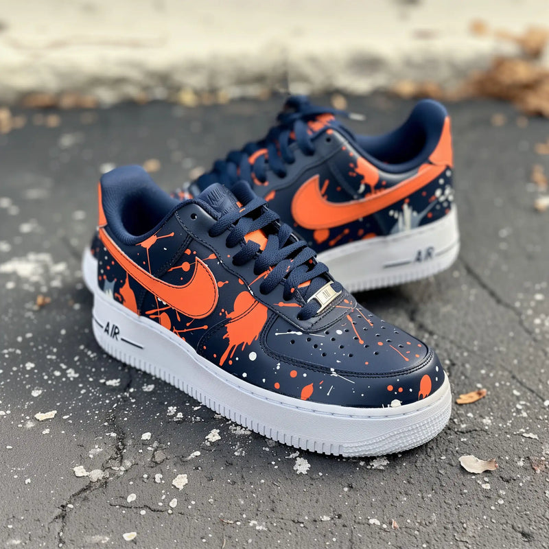 Hand Painted Navy & Orange Splatter Custom Air Force 1 Sneakers