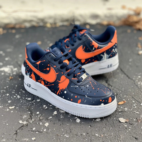 Hand Painted Navy & Orange Splatter Custom Air Force 1 Sneakers
