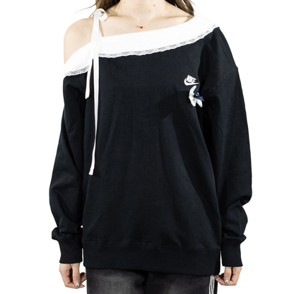 Custom Nike Sweatshirt Off Shoulder Black With White Lace And Bow