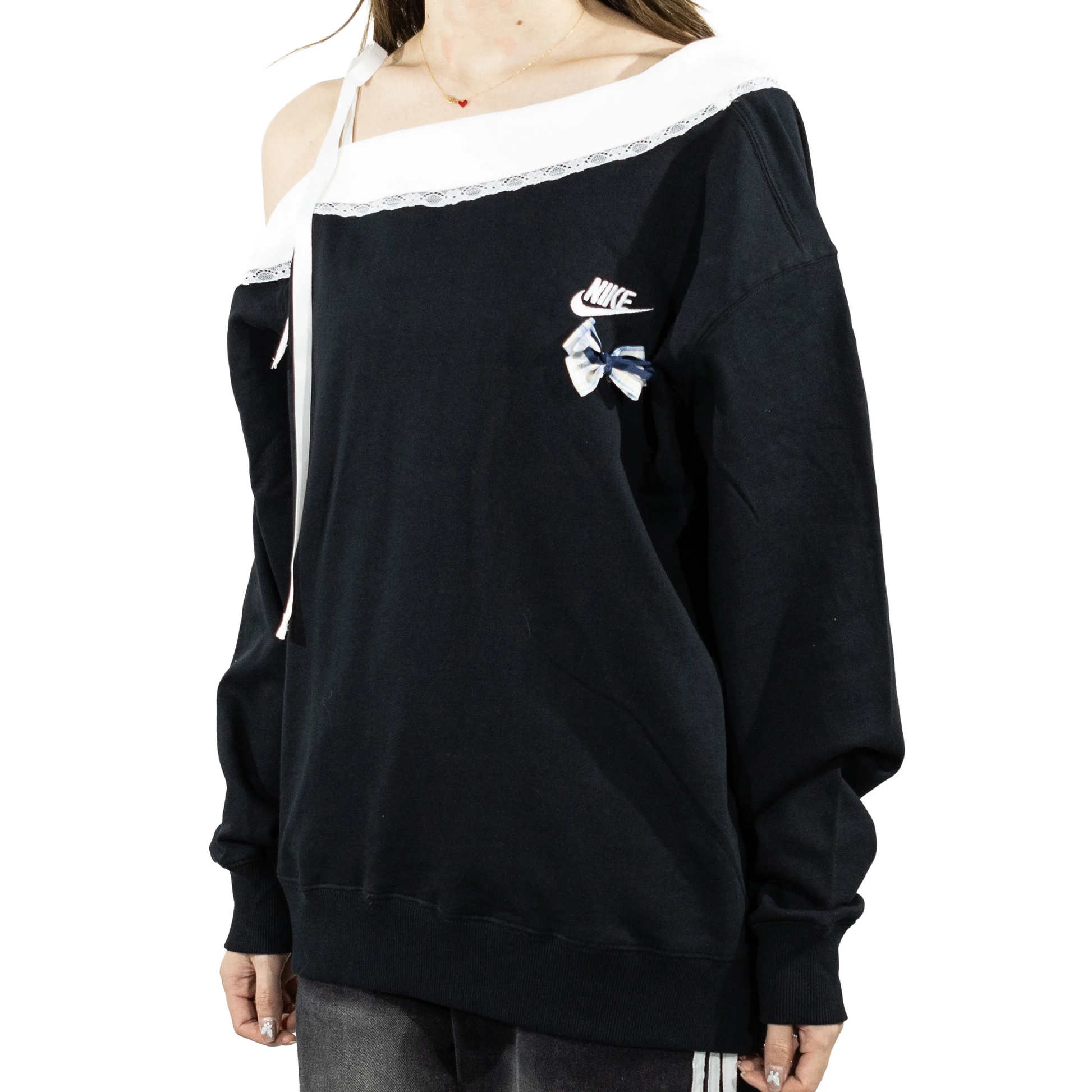 Custom Nike Sweatshirt Off Shoulder Black With White Lace And Bow