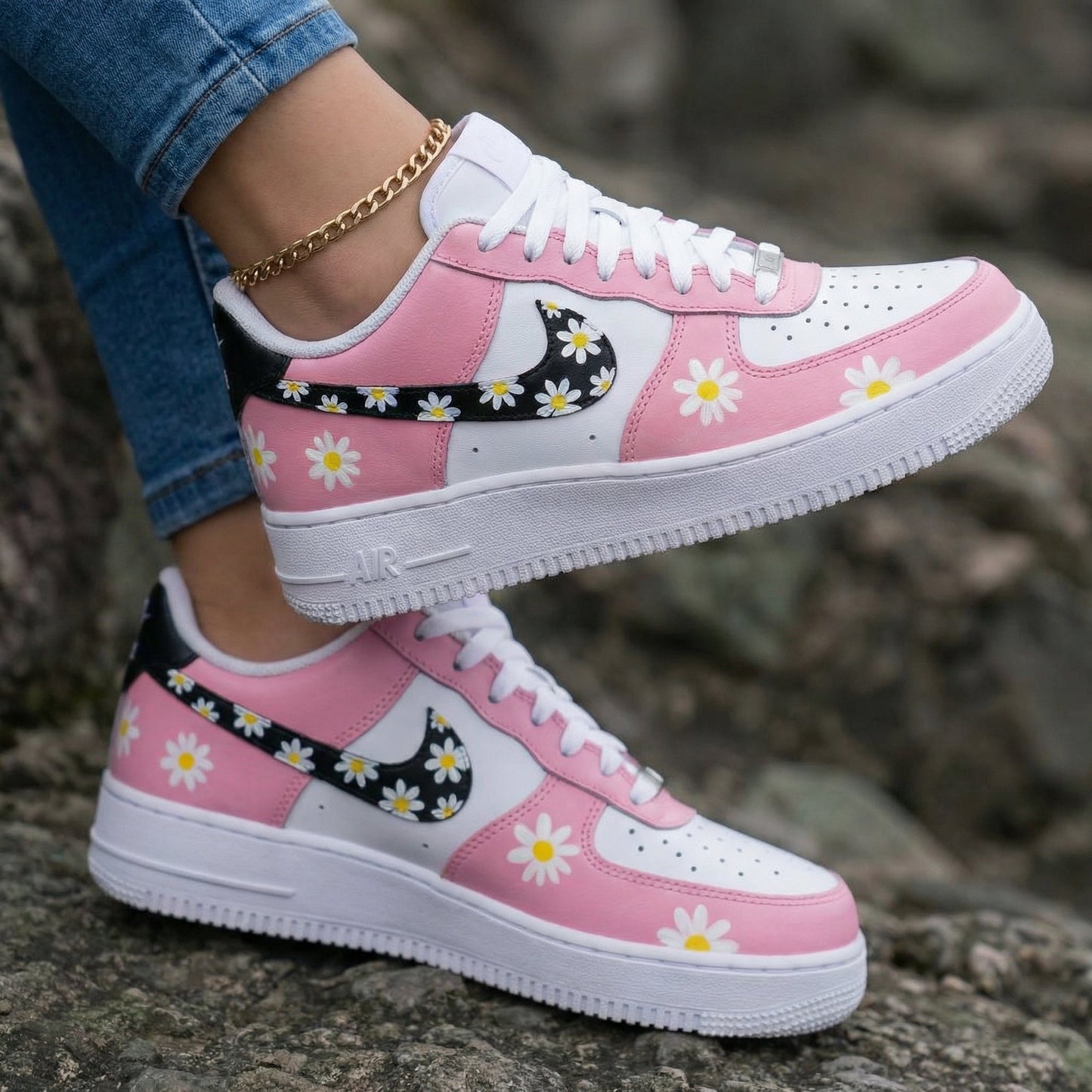 Daisies Baby Pink Black Custom Air Force 1