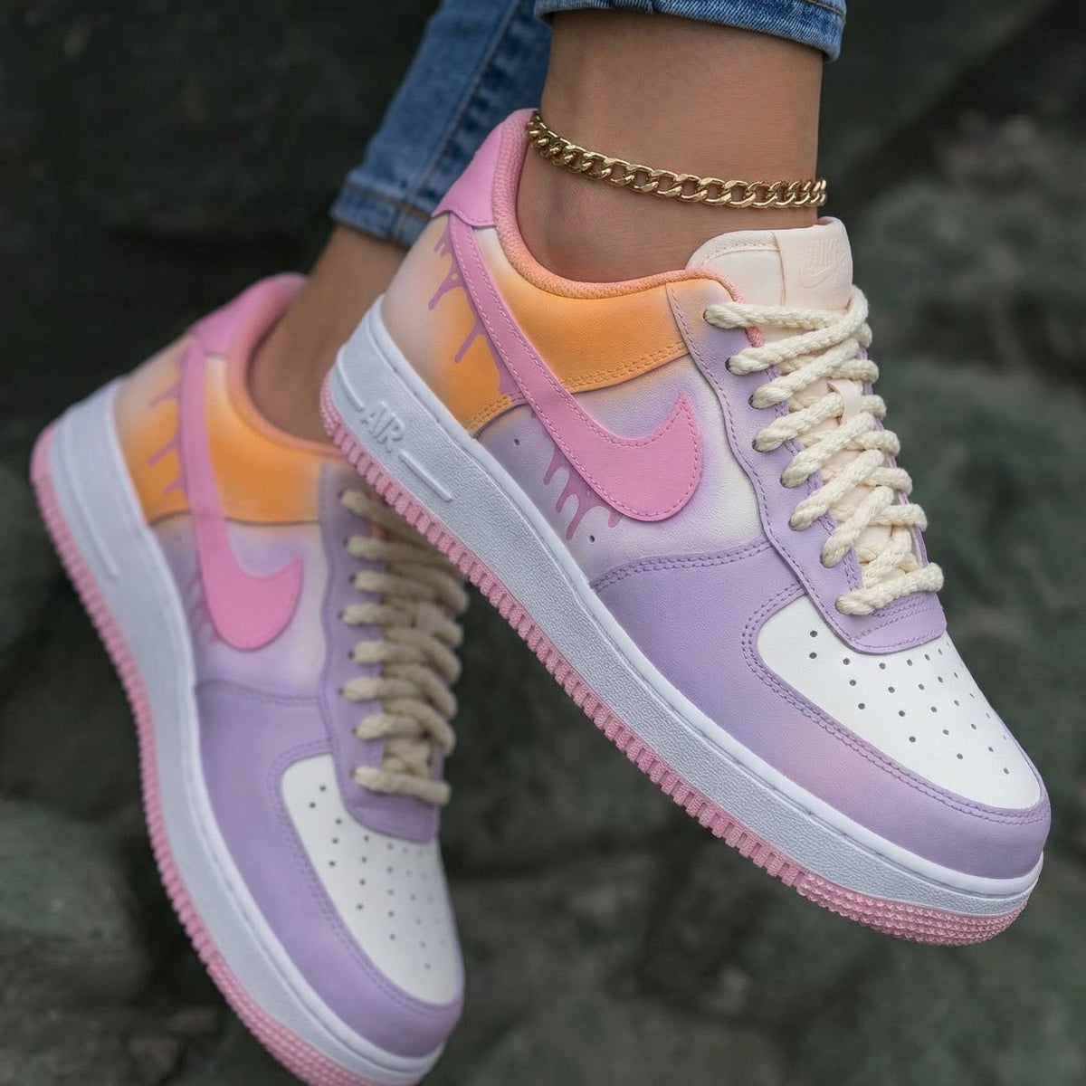 Dripping Pattern Baby Pink Orange Thick Shoelace Custom Air Force 1