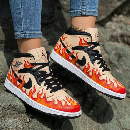 Flame Pattern Beige Black Custom Air Jordan 1