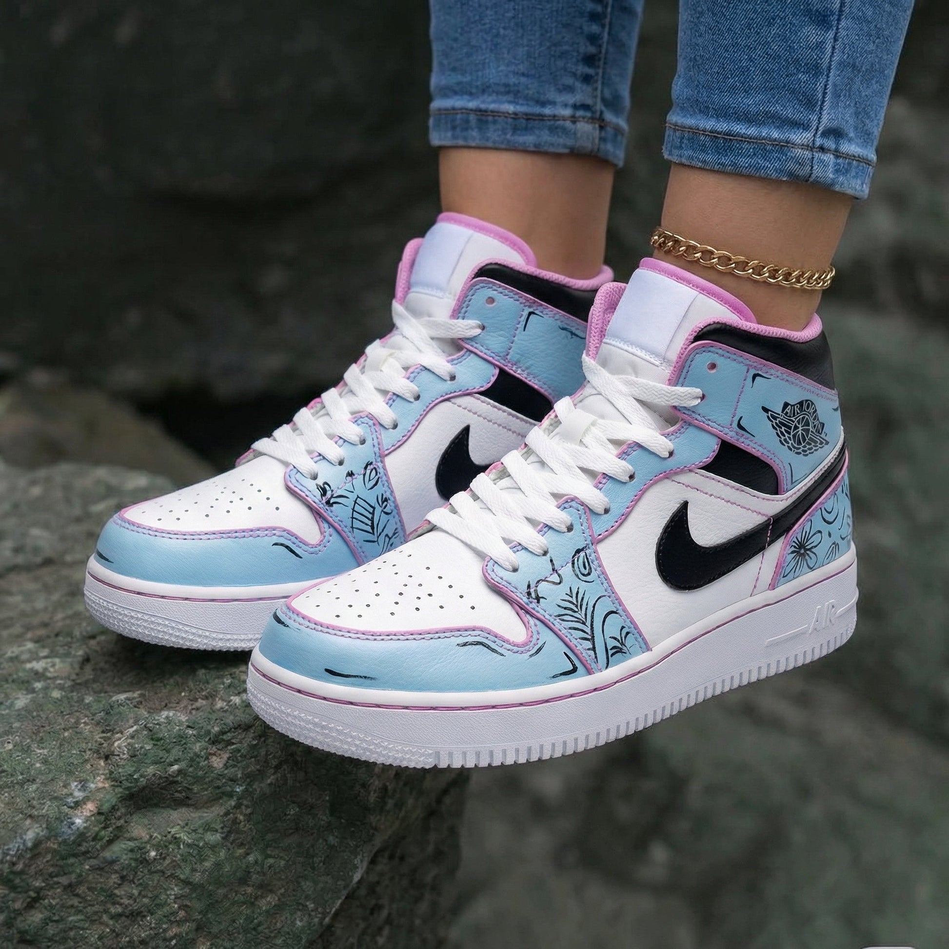 Floral Pattern Baby Blue Pink Custom Air Jordan 1