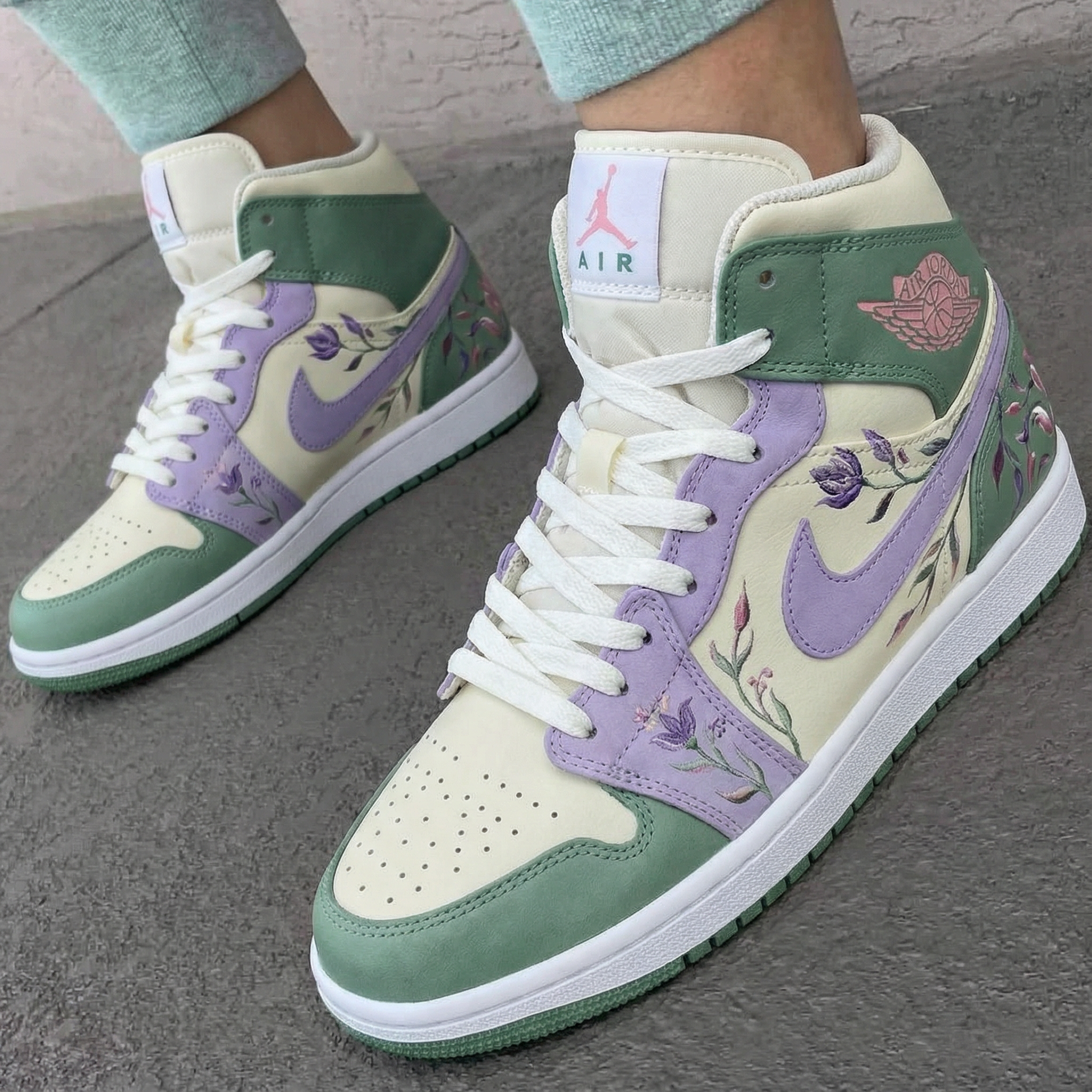 Floral Pattern Lilac Green Custom Air Jordan 1