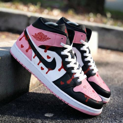 Heart Drip Pattern Baby Pink Black White Custom Air Jordan 1