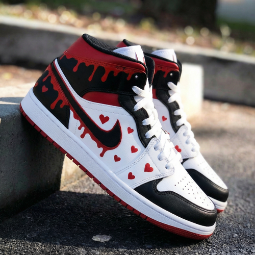 Heart Drip Pattern Black Red White Custom Air Jordan 1