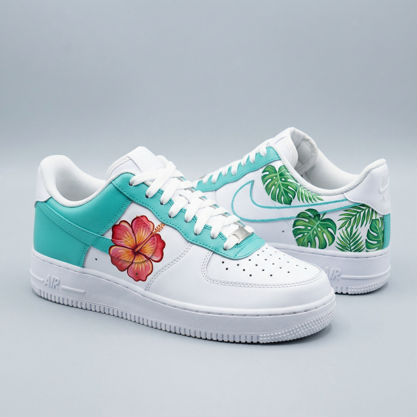 Hibiscus Flower Monstera Leaves Turquoise Green Custom Air Force 1