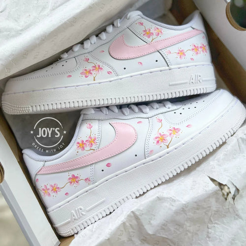 Hand Painted Pink Sakura Cherry Blossom Custom Air Force 1, Cute Aesthetic Floral Design Custom Sneakers with Optional Matching Shoelaces for Women Girls