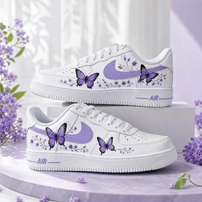 Hand Painted Purple Flower Butterfly Custom Air Force 1 Weeding Sneakers