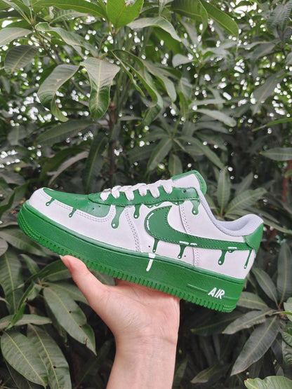 Unique Hand Painted Dark Green Drip Effect Custom Air Force 1 Custom Sneakers Unisex White Green Casual Streetwear Fashion Shoes for Men & Women