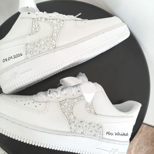 Personalized White Pearl Rhinestone Embellished Bridal Custom Air Force 1 Custom Sneakers, Custom Wedding Bride Shoes with Satin Ribbon Laces, Support Custom Name & Date Bridal Wedding Sneakers