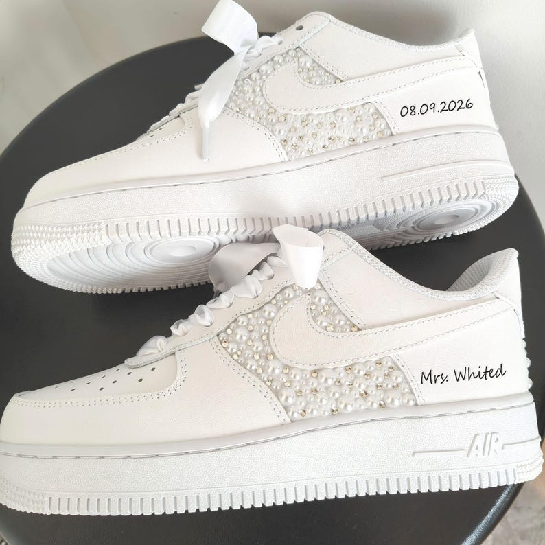 Personalized White Pearl Rhinestone Embellished Bridal Custom Air Force 1 Custom Sneakers, Custom Wedding Bride Shoes with Satin Ribbon Laces, Support Custom Name & Date Bridal Wedding Sneakers