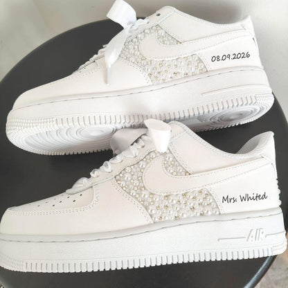Personalized White Pearl Rhinestone Embellished Bridal Custom Air Force 1 Custom Sneakers, Custom Wedding Bride Shoes with Satin Ribbon Laces, Support Custom Name & Date Bridal Wedding Sneakers
