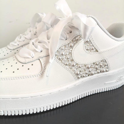 Personalized White Pearl Rhinestone Embellished Bridal Custom Air Force 1 Custom Sneakers, Custom Wedding Bride Shoes with Satin Ribbon Laces, Support Custom Name & Date Bridal Wedding Sneakers