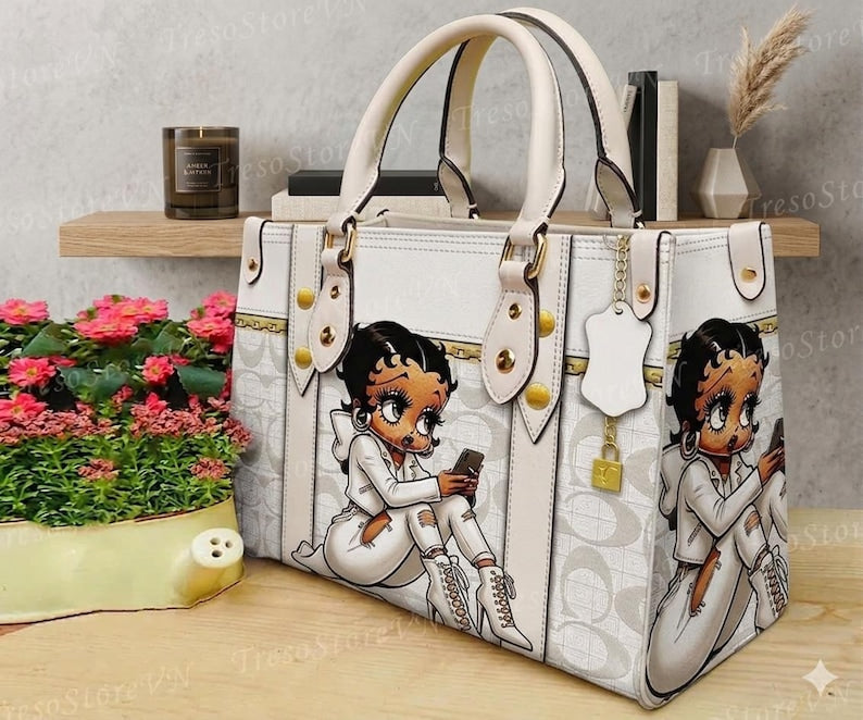 Vintage Betty Boop Printed Women's Large Capacity Leather Tote Bag With Internal Zip Pocket Delicate Stitching Metal Buckle, Fashion Casual Daily Shoulder Handbag Perfect to Match Custom Air Force 1 Custom Sneakers