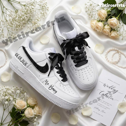 Custom Air Force 1 Personalized Wedding Shoes, Custom Name & Wedding Date Black Rhinestone Swoosh Satin Bow Laces Bride Groom Custom Sneakers