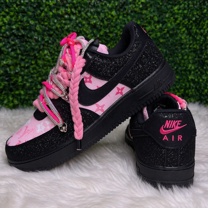 Hand Painted Black Pink Glitter Custom Air Force 1 Sneakers