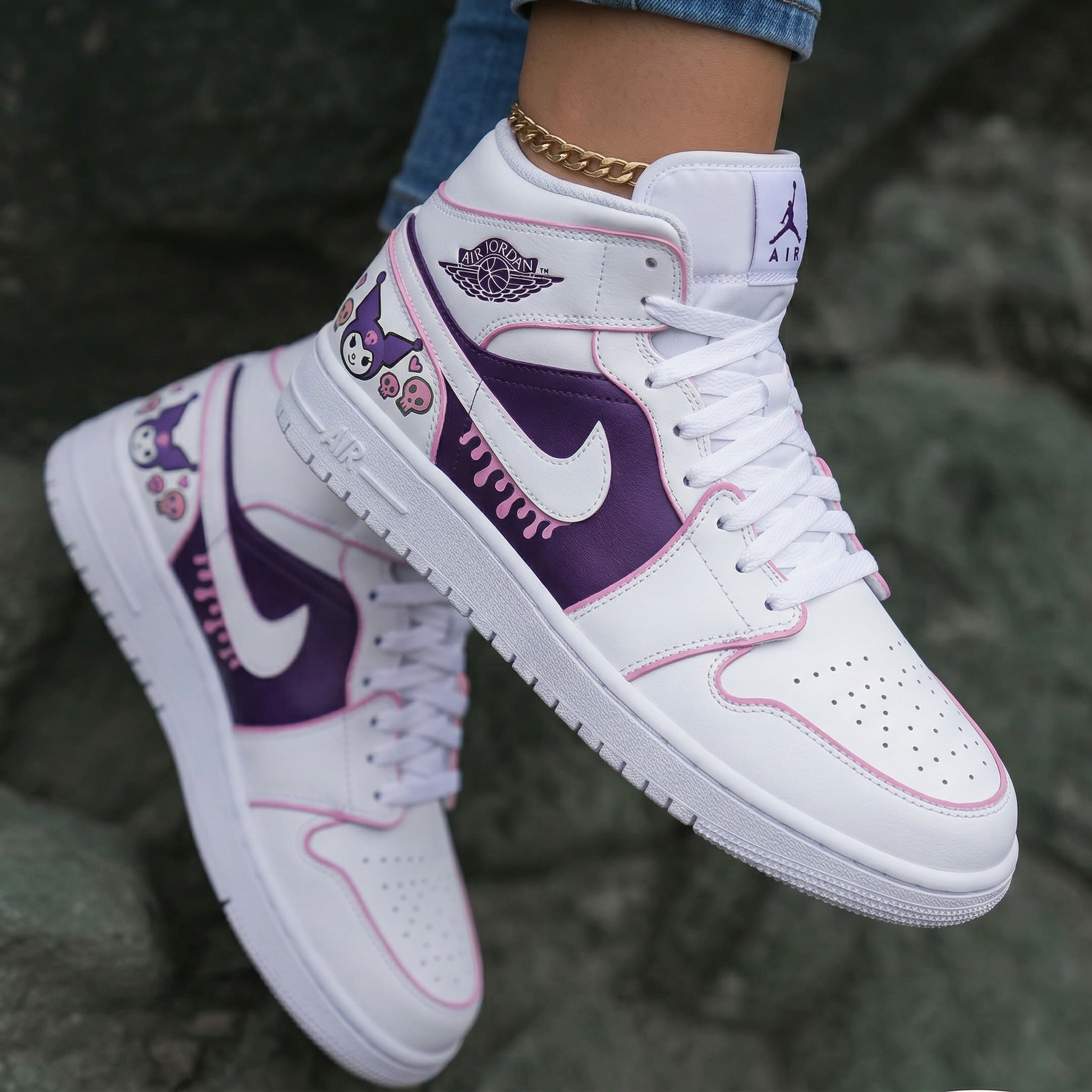 Kuromi Skulls Hearts Drip Purple Baby Pink Custom Air Jordan 1