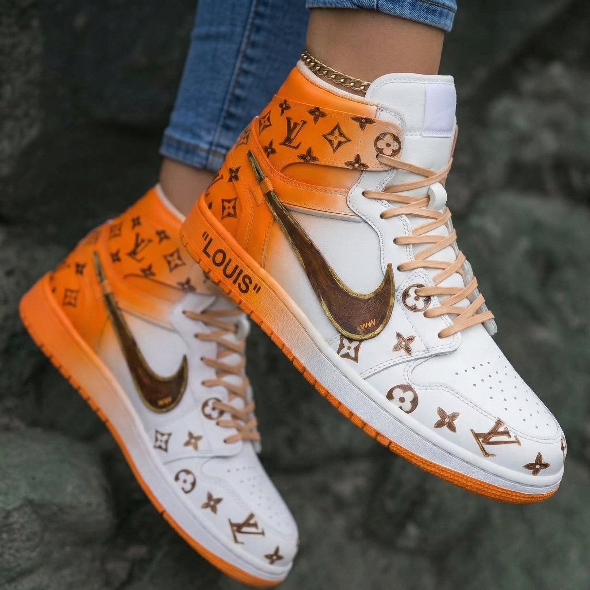LV Pattern Orange White Custom Air Jordan 1