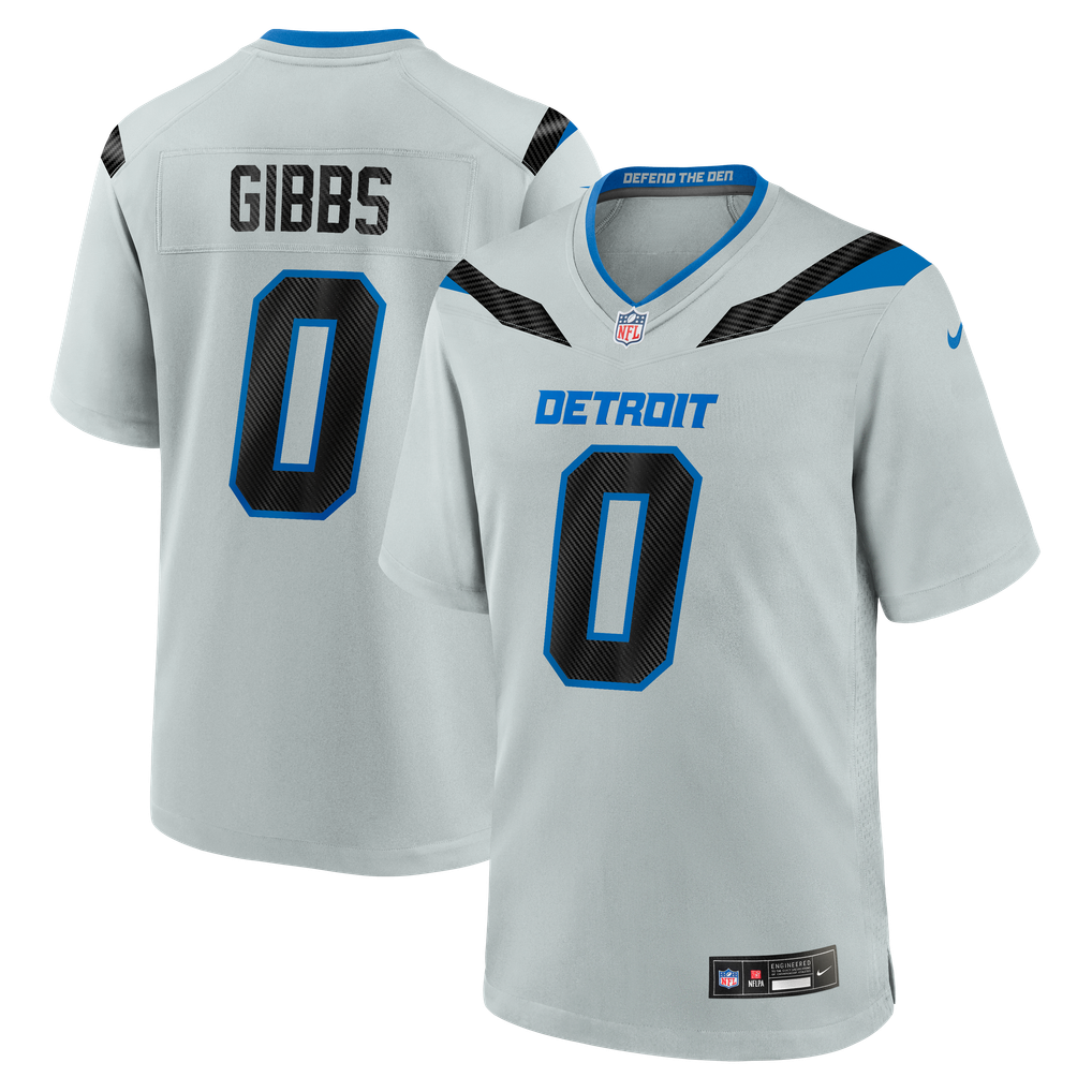 Jahmyr Gibbs #0 Detroit Lions 2026 Rivalries Premium Football Jersey – Silver front product view